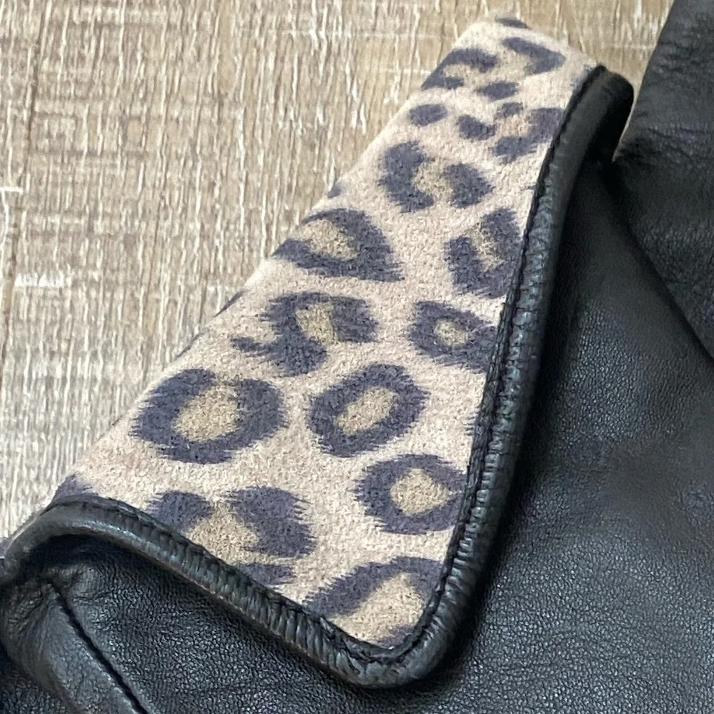Black Genuine Leather Leopard Trim Gloves Fleece Lined Warm Winter Womens Small